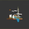 Cartoon City Scene With Tall Building Road Bridge Sun And Green Landscape
