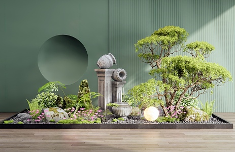 Modern indoor plants landscape courtyard sketch water drop water bowl plant combination stone moss plant pile 3d model