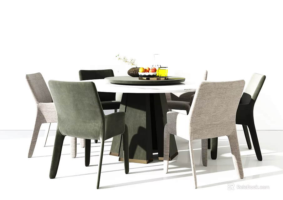 Modern Round Dining Table Set With Gray Black Chairs Fruit Platter And Flower Arrangement 3d model 