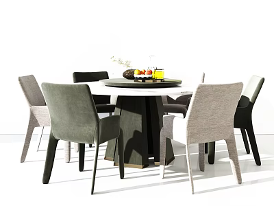Modern Round Dining Table Set With Gray Black Chairs Fruit Platter And Flower Arrangement 3d model
