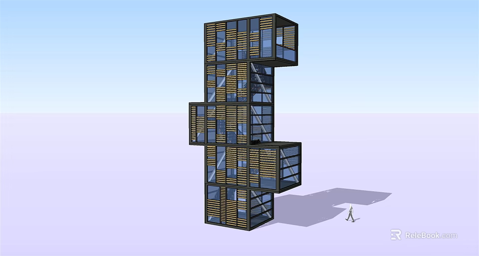 Modern Tower With Creative Modular Cubic Structure Wooden Exterior And Glass Windows For Contemporary Architectural Design 3d model 