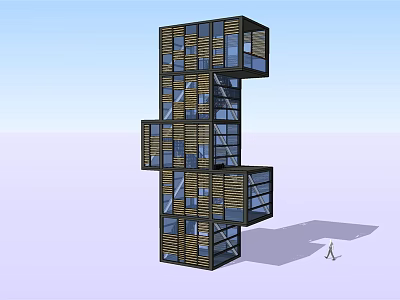 Modern Tower With Creative Modular Cubic Structure Wooden Exterior And Glass Windows For Contemporary Architectural Design 3d model