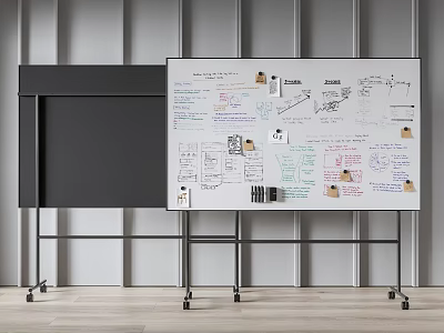Whiteboard and Black Panel with Notes Charts Sticky Notes on Wheeled Stand in Workspace 3d model