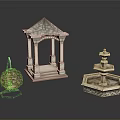 Ornate Gazebo with Columns and Tiered Fountain Featuring Decorative Sphere on Dark Surface with Reflections