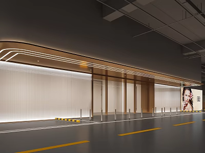 Modern Indoor Parking Garage with LED Lighting Yellow Floor Lines Bollards Wall Decor and Poster 3d model