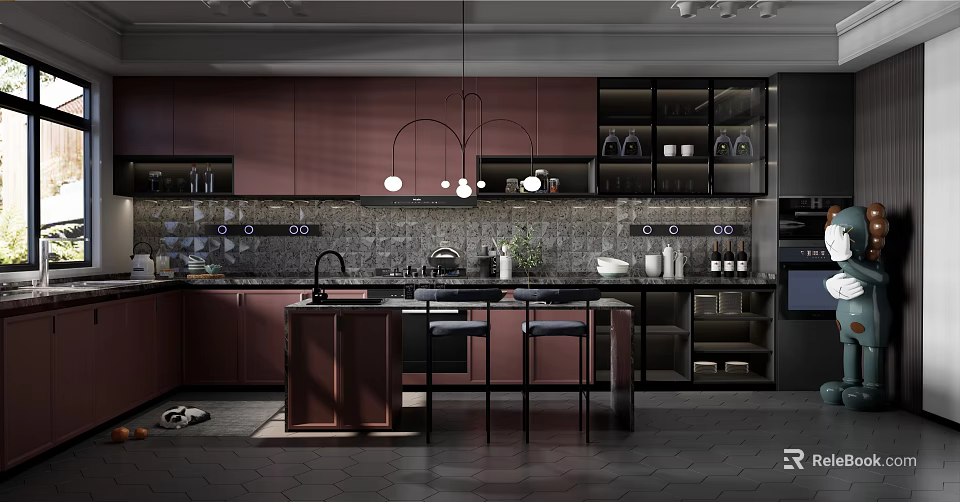 Modern Kitchen Interior With Dark Wood Cabinets Island Counter Gray Tile Backsplash And Glass Cabinets 3d model 