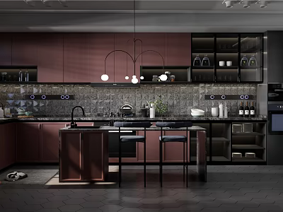 Modern Kitchen Interior With Dark Wood Cabinets Island Counter Gray Tile Backsplash And Glass Cabinets 3d model