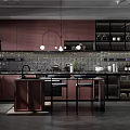 Modern Kitchen Interior With Dark Wood Cabinets Island Counter Gray Tile Backsplash And Glass Cabinets