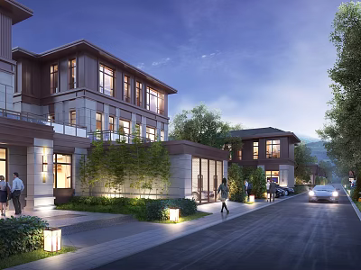Modern Townhouses With Landscape Lighting And Greenery 3d model