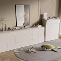 Modern Minimalist White Dresser Interior With Decorative Painting Ornaments And Round Rug On Wooden Floor