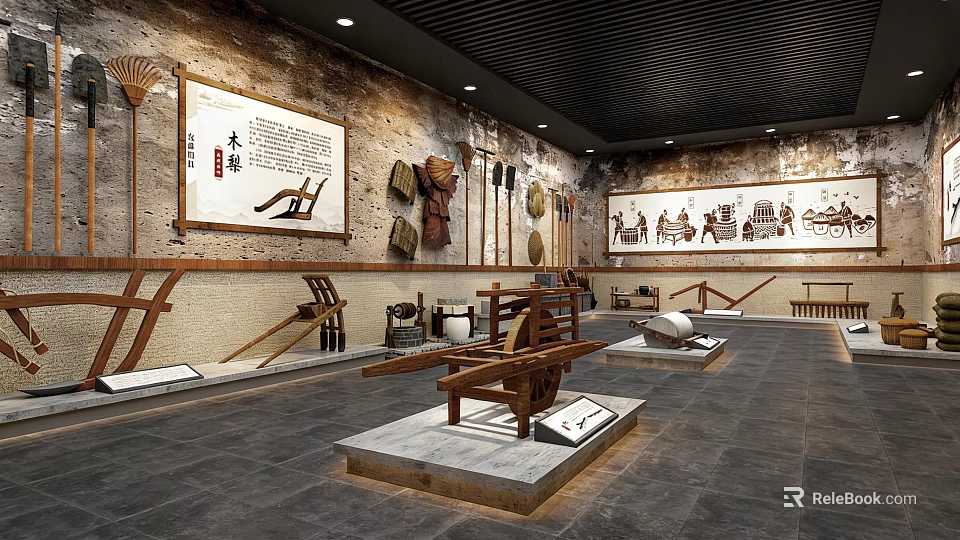 Traditional Farming Tools Museum Interior With Ancient Agricultural Implements Wall Paintings And Display Platforms 3d model 