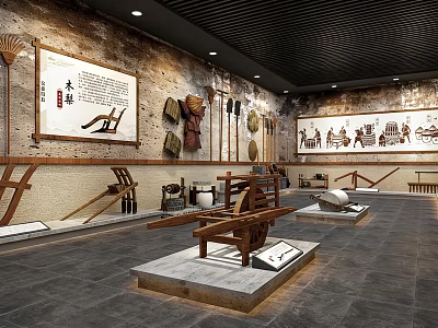 Traditional Farming Tools Museum Interior With Ancient Agricultural Implements Wall Paintings And Display Platforms 3d model