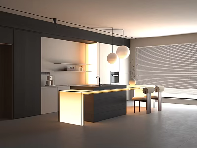 Elegant Modern Restaurant Interior With Open Bar Counter And Pendant Lights 3d model