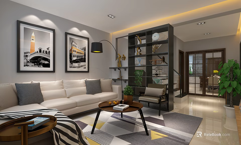 Modern Living and Dining Room Interior With Light Gray Sofa Black White Paintings Floor Lamp 3d model 