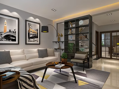 Modern Living and Dining Room Interior With Light Gray Sofa Black White Paintings Floor Lamp 3d model