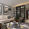Modern Living and Dining Room Interior With Light Gray Sofa Black White Paintings Floor Lamp