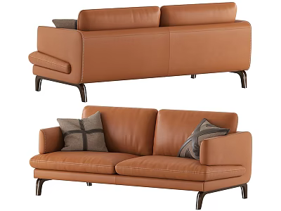 Modern Brown Leather Two Seater Sofa with Decorative Pillows And Black Metal Legs 3d model