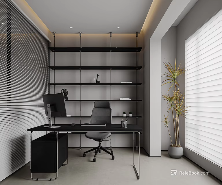 Modern Office Interior With Desk Office Chair Open Shelves Potted Plant And Blinds 3d model 