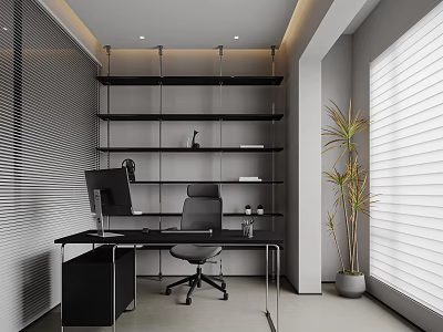 Modern Office Interior With Desk Office Chair Open Shelves Potted Plant And Blinds 3d model