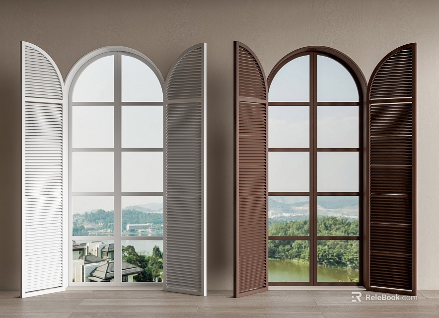Open Blinds in White and Brown for Arched Windows with Scenic View 3d model 