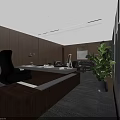 Modern Office Interior Design With Large Windows Wooden Cabinets Black Leather Sofas And Green Plants