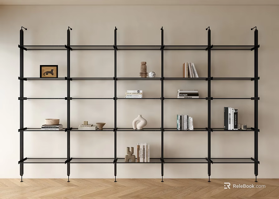 Modern Black Metal Bookshelf with Open Multi Tiered Shelves Holding Books And Decorative Items 3d model 