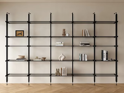 Modern Black Metal Bookshelf with Open Multi Tiered Shelves Holding Books And Decorative Items 3d model