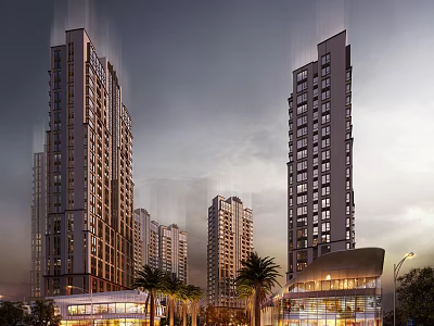 Modern High Rise Residential Buildings With Palm Trees And Commercial Spaces Under Twilight Sky 3d model