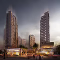 Modern High Rise Residential Buildings With Palm Trees And Commercial Spaces Under Twilight Sky