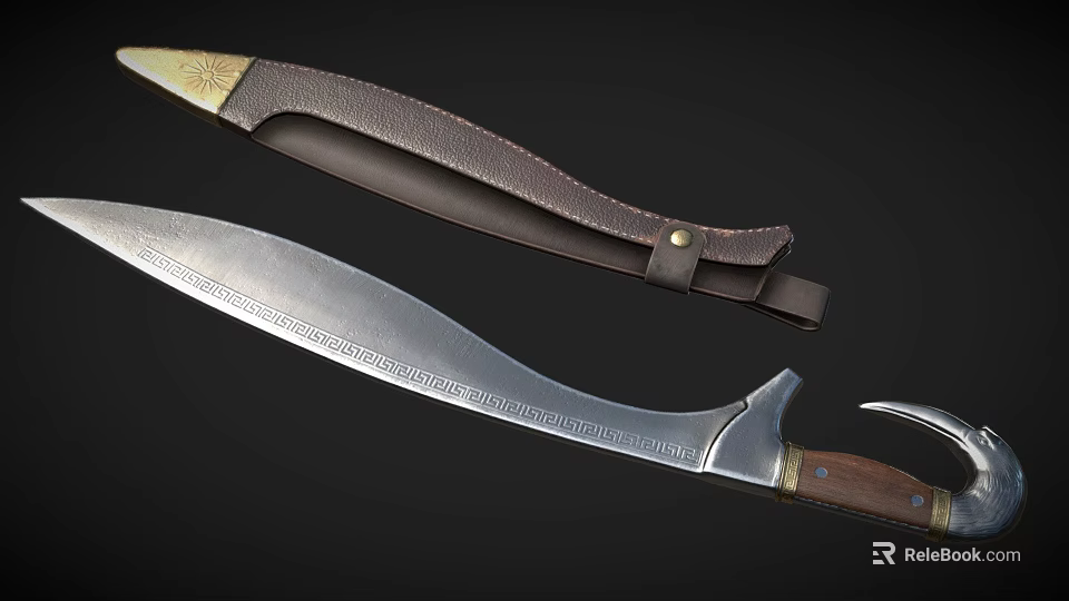 Traditional Curved Blade Weapon With Sharp Metal Blade Leather Sheath And Wooden Handle 3d model 