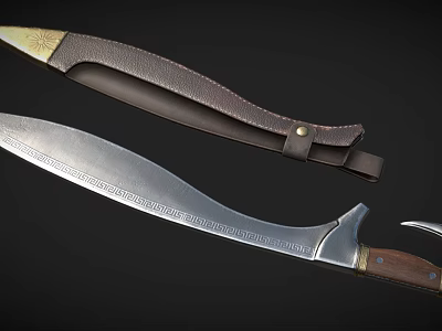 Traditional Curved Blade Weapon With Sharp Metal Blade Leather Sheath And Wooden Handle 3d model