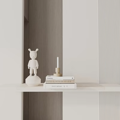 Minimalist White Shelf with Poetry Books Modern Art and Decorative Rabbit Figurine Candle 3d model