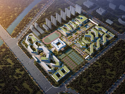 Aerial View Planning Of Modern Urban Area With Multiple Buildings Sports Fields And Green Spaces 3d model