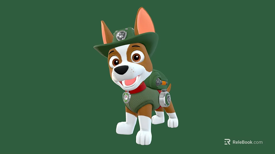 Cartoon Dog Character Wearing Green Hat With Badge And Green Backpack In Game Movie 3d model 