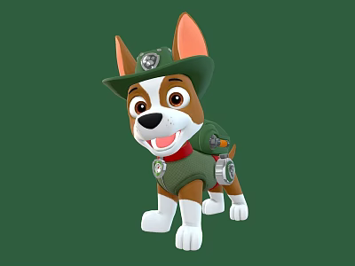 Cartoon Dog Character Wearing Green Hat With Badge And Green Backpack In Game Movie 3d model
