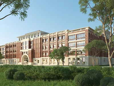 Modern Red Brick Office Building Featuring Multiple Windows Green Trees Lawn And Arched Entrance 3d model