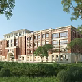 Modern Red Brick Office Building Featuring Multiple Windows Green Trees Lawn And Arched Entrance