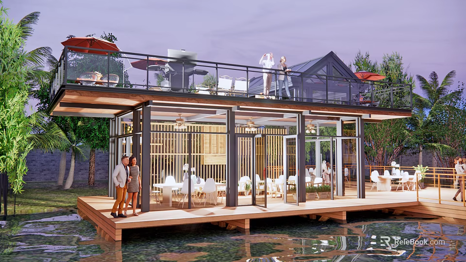 Sunroom Over Water Featuring Wooden Deck Surrounded By Trees With Tables Chairs And People Relaxing 3d model 