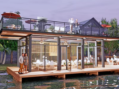 Sunroom Over Water Featuring Wooden Deck Surrounded By Trees With Tables Chairs And People Relaxing 3d model