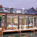 Sunroom Over Water Featuring Wooden Deck Surrounded By Trees With Tables Chairs And People Relaxing