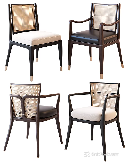 Modern Leisure Chairs With Rattan Backrest Neutral Black Upholstered Seats And Wooden Legs 3d model 