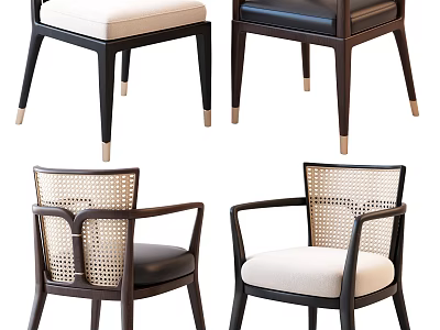 Modern Leisure Chairs With Rattan Backrest Neutral Black Upholstered Seats And Wooden Legs 3d model