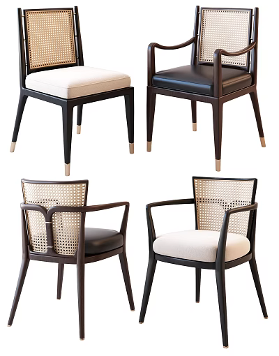 Modern Leisure Chairs With Rattan Backrest Neutral Black Upholstered Seats And Wooden Legs 3d model