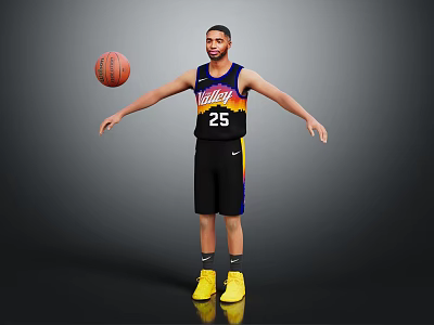 Basketball Player in Black Jersey with Number 25 Balancing Basketball in Yellow Shoes 3d model