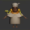 3D Character With Snake Around Neck Wearing Hat Sunglasses And Robe Holding Yellow Object