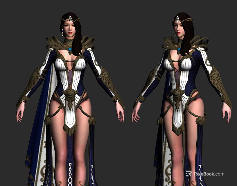 Elegant Game and Movie Character in Blue White Gold Robe with Ornate Patterns and Necklace 3d model 