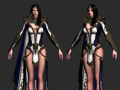 Elegant Game and Movie Character in Blue White Gold Robe with Ornate Patterns and Necklace 3d model
