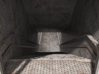 Industrial Equipment Staircase With Concrete Walls Rusty Surfaces Perforated Steps And Metal Handrails 3d model