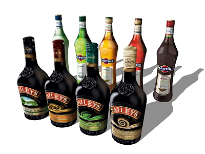 Various Branded Wine Bottles and Glasses with Colorful Designs Including Baileys and NutriVita 3d model