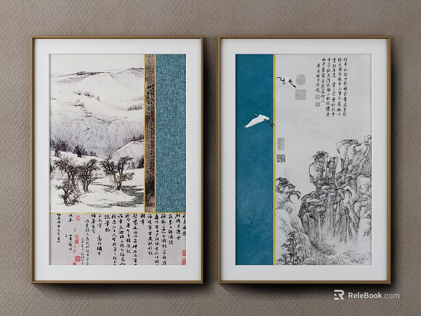 Abstract Painting with Chinese Mountain Landscape White Crane Calligraphy and Blue Beige Borders Wall Art 3d model 